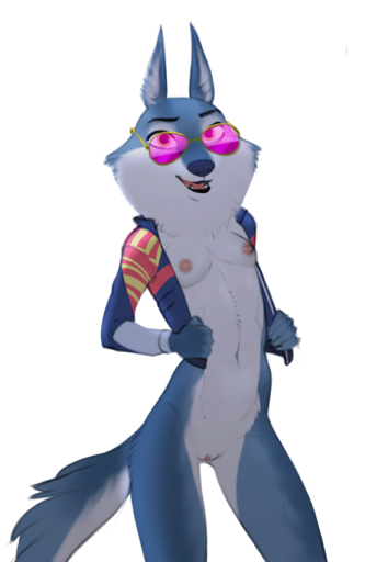 anthro breasts canid canine canis clothing discreet_user eyewear female genitals hi_res jacket jacket_vest looking_at_viewer mammal porsha_crystal pussy small_breasts solo sunglasses topwear vest wolf // 1651x2388 // 1.6MB