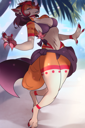 2019 4_fingers 4_toes anthro barefoot bikini biped breasts canid canine canis clothed clothing day detailed_background digital_media_(artwork) domestic_dog feet female fingers kodashi mammal midriff navel outside red_eyes smile solo swimwear toes // 733x1100 // 679.8KB