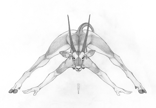 2021 antelope anthro bent_over biped bovid breasts ear_piercing ear_ring ecmajor eyelashes female gemsbok grazing_antelope hi_res hooves horizontal_pupils horn looking_at_viewer mammal monochrome nipple_piercing nipples oryx piercing pupils raised_tail signature simple_background solo spread_legs spreading standing white_background // 1718x1187 // 1.3MB