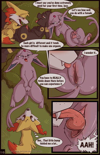 2018 amber_(fuf) anus bodily_fluids clitoris comic cunnilingus detailed_background dialogue digital_media_(artwork) eeveelution english_text espeon female femalefemale fennekin feral fuf genital_fluids genitals group hi_res male nintendo oral outside penis pokemon pokemon_(species) pussy pussy_juice ruby_(fuf) sex shaded sombra_(fuf) text umbreon vaginal video_games // 973x1500 // 948.3KB