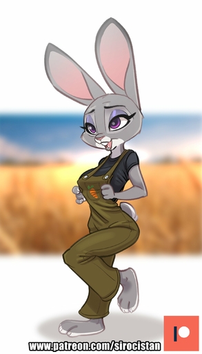absurd_res anthro barefoot breasts buckteeth carrot clothing feet female food hi_res judy_hopps lagomorph leporid mammal open_mouth overalls plant rabbit siroc solo teeth vegetable // 1616x2824 // 246.6KB