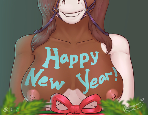 2017 absurd_res anthro areola big_breasts breasts bridle equid equine female fur hair halter hi_res holidays horse huge_breasts mammal multicolored_hair new_year nipples nude reaper3d simple_background smile solo // 3200x2500 // 3.6MB