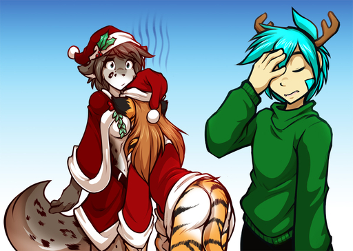 anthro big_breasts black_spots blue_eyes blue_hair bottomless breasts brown_hair butt canid canine christmas christmas_clothing christmas_headwear clothed clothing conditional_dnp costume digital_media_(artwork) facepalm felid female flora_(twokinds) fur gradient_background grey_body grey_fur group hair hat headgear headwear holidays holly_(plant) human hybrid kathrin_vaughan keidran kissing_bough long_hair male mammal mistletoe motorboating multicolored_body multicolored_fur orange_body orange_fur pantherine plant santa_costume santa_hat simple_background spots standing stripes sweater tiger tom_fischbach topwear trace_legacy two_tone_body two_tone_fur twokinds webcomic webcomic_character white_body white_fur // 1200x853 // 335.1KB