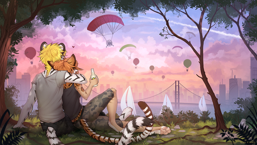 4_toes anthro barefoot blonde_hair city cityscape clothed clothing day detailed_background digital_media_(artwork) digitigrade duo f-r95 feet felid female grass hair holding_object leopard male mammal outside pantherine plant romantic_ambiance romantic_couple shaded sky smilek_(character) tiger toes yakovlev-vad // 1450x821 // 2.6MB