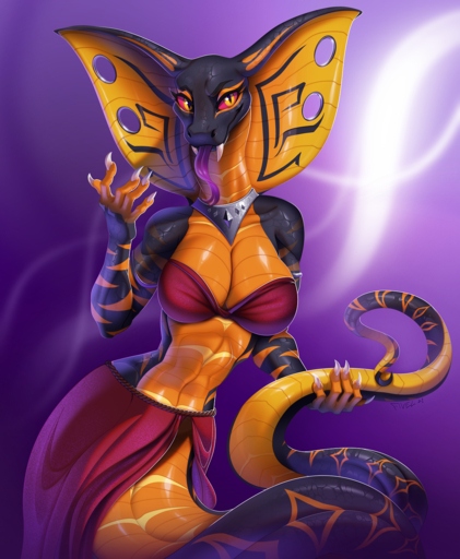 2021 5_fingers anthro apode breasts claws clothed clothing digital_media_(artwork) draconcopode female fingers fivel hi_res invalid_tag legless looking_at_viewer lyersen naga non-mammal_breasts orange_eyes red_sclera reptile scalie serpentine smile snake solo teeth tongue // 1234x1500 // 2.5MB