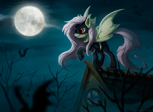 2014 bat_pony chiropteran clothed clothing detailed_background ear_piercing equid female feral flutterbat_(mlp) fluttershy_(mlp) fur hair hioshiru hooves mammal membrane_(anatomy) membranous_wings moon night outside piercing pink_hair red_eyes sky solo standing star starry_sky wings yellow_body yellow_fur // 1383x1016 // 1.6MB