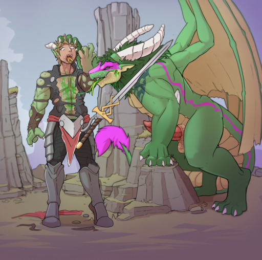 2019 claws dragon erection hair hi_res horn human human_to_anthro lunate male mammal melee_weapon open_mouth penis scalie species_transformation standing story story_in_description sword teeth tongue transformation weapon wings // 1280x1270 // 1.5MB