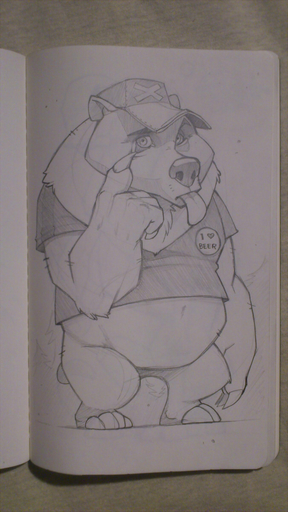 2013 9:16 <3 anthro badge black_eyes claws clothing english_text eyebrows eyelashes fur hat headgear headwear hi_res mammal shirt simple_background sketch slightly_chubby solo text tongue tongue_out topwear traditional_media_(artwork) ursid white_background wolfy-nail // 675x1200 // 151.9KB