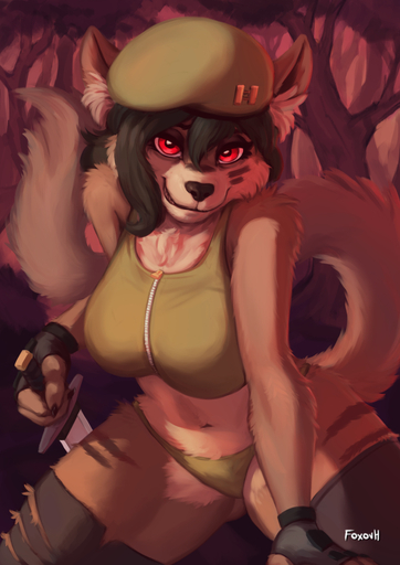 anthro berret canid canine canis clothing digital_media_(artwork) digital_painting_(artwork) female fluffy_ears forest foxovh fur gloves hair handwear hi_res knife legwear looking_at_viewer mammal outside panties plant smile smiling_at_viewer solo tree underwear weapon wolf // 905x1280 // 723KB