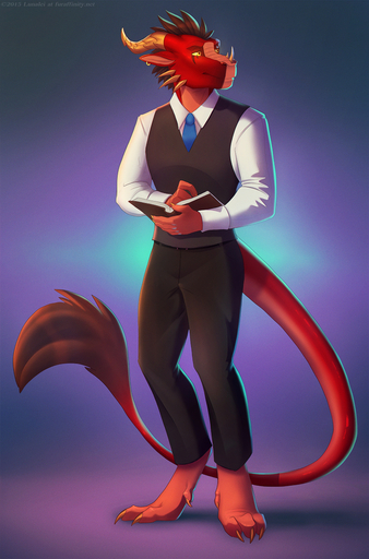 anthro barefoot biped book bottomwear claws clothed clothing digitigrade dragon ear_piercing feet horn lunalei male necktie pants piercing red_body red_scales reptile scales scalie shirt simple_background smile solo standing suit toe_claws topwear yellow_eyes // 727x1100 // 672KB