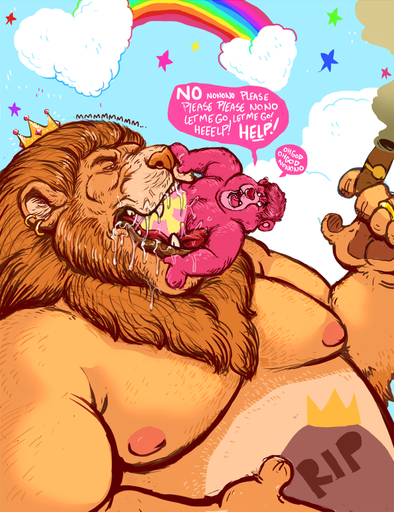 2014 <3 anthro belly belly_markings big_belly blue_sky bodily_fluids brave_heart_lion brown_body brown_fur brown_nose cigar cloud crown dialogue digital_media_(artwork) dominant dominant_male dramamine drooling duo ear_piercing eating english_text exclamation_point facial_piercing fangs feet_first felid forced fur hair king larger_male lion macro male malemale male_pred male_prey mammal mane markings moobs nipples nose_piercing nose_ring nude open_mouth oral_vore overweight overweight_male pantherine piercing pink_body pink_eyes pink_fur pink_hair pink_nipples pink_nose pink_tongue rainbow rainbow_arch ring royalty saliva scared septum_piercing size_difference sky smaller_male smoke speech_bubble star teeth text tongue ursid vore // 800x1040 // 819.2KB