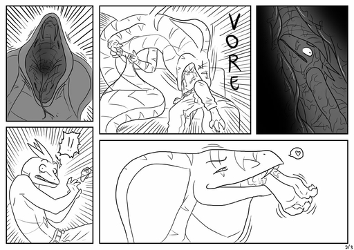 <3 ambiguous_gender anthro apode bodily_fluids bulge cobra comic digital_drawing_(artwork) digital_media_(artwork) draconcopode duo exclamation_point fangs forked_tongue gaming gaping_mouth head_first internal james_howard legless male monochrome mouth_shot naga neck_bulge open_mouth oral_vore palate playing_videogame reptile saliva scalie serpentine snake snake_hood soft_vore surprise swallowing throat tongue uvula vore // 1024x724 // 190.3KB