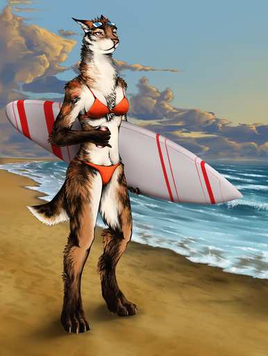 2016 4_toes 5_fingers anthro beach beverage bikini biped breasts brown_body brown_fur can chest_tuft claws clothed clothing cloud day detailed detailed_background digital_drawing_(artwork) digital_media_(artwork) digitigrade domestic_cat eyewear feet felid feline felis female fingers front_view fur glasses hi_res holding_object looking_away mammal multicolored_body multicolored_fur neck_tuft outside paws pink_eyes sea seaside sky small_breasts solo standing sterr surfboard swimwear three-quarter_view toes tuft vehicle water watercraft white_body white_claws white_fur // 965x1279 // 730.0KB