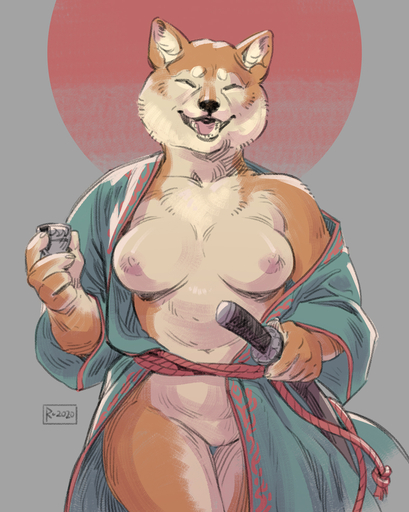 2020 anthro asian_clothing breasts canid canine canis clothed clothing domestic_dog east_asian_clothing eyes_closed female genitals hi_res japanese_clothing katana kimono mammal melee_weapon mostly_nude nipples no_underwear open_mouth open_smile pussy samurai shiba_inu shot_glass skitalets smile solo spitz sun sword warrior weapon // 1181x1477 // 1.0MB