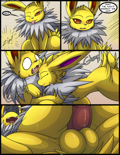 2019 balls comic duo eeveelution english_text erection eyes_closed female feral feral_on_feral fur genitals glomp hi_res jolteon kuroodod lying male malefemale neck_tuft nintendo on_back onomatopoeia open_mouth penis pink_penis pokemon pokemon_(species) sam_(kuroodod) sloth_(kuroodod) sound_effects speech_bubble teeth text tongue tongue_out tuft video_games white_body white_fur yellow_balls yellow_body yellow_fur // 996x1280 // 1022.4KB