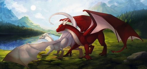 2019 brown_eyes claws day detailed_background digital_media_(artwork) dragon duo female feral forest grass hi_res horn male membrane_(anatomy) membranous_wings open_mouth outside plant red_body red_eyes red_scales scales scalie sky spines standing sun taurus_art teeth tongue tree western_dragon wings // 2560x1214 // 873.2KB