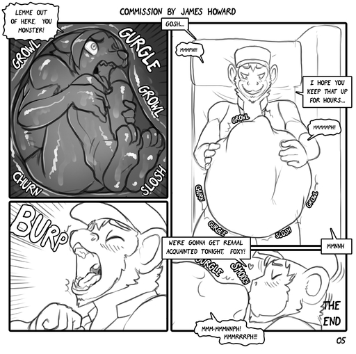 <3 abdominal_bulge anthro bed blush burping canid canine canis clothing comic dialogue digital_media_(artwork) duo english_text feet furniture haplorhine hi_res internal james_howard kissing male malemale male_pred male_prey mammal monkey monochrome onomatopoeia primate simple_background sketch sound_effects text vore white_background wolf // 1821x1809 // 1.1MB