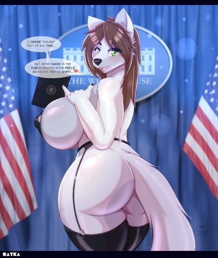 absurd_res anthro big_breasts big_butt black_nipples breasts brown_hair butt canid canine canis clothing curvaceous curvy_figure edith_vaughn female fur green_eyes hair hi_res huge_breasts leggings leggings_only legwear looking_at_viewer mammal mature_anthro mature_female nipples politics president rayka solo stars_and_stripes thick_thighs united_states_of_america unprofessional voluptuous white_body white_fur white_house wide_hips wolf // 4000x4725 // 5.0MB