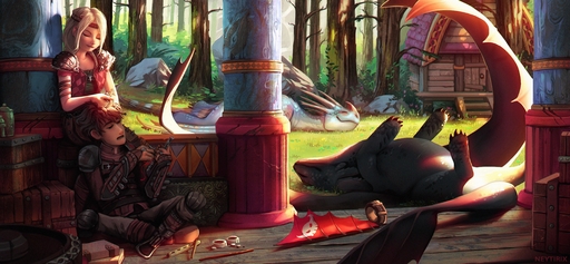 2019 absurd_res ambiguous_gender astrid_hofferson blonde_hair brown_hair chromatic_aberration claws clothed clothing day deadly_nadder detailed_background digital_media_(artwork) dragon dreamworks english_text female feral forest grass group hair hi_res hiccup_horrendous_haddock_iii how_to_train_your_dragon human male mammal neytirix night_fury outside plant scalie sitting smile stormfly text toothless tree western_dragon // 4675x2160 // 1.3MB
