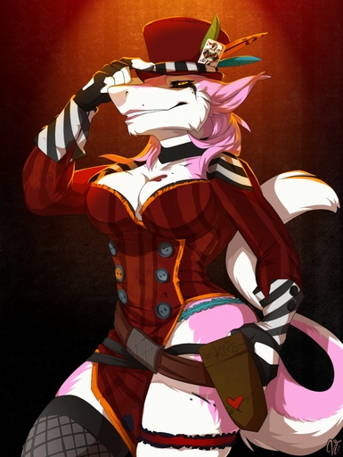 <3 anthro belt black_sclera borderlands breasts clothed clothing collar cosplay female fingerless_gloves fur gloves handwear hi_res holster kristoph_wulphenstein legwear looking_at_viewer mad_moxxi pink_body pink_fur sergal skimpy solo stockings tattoo v-i video_games white_body white_fur yellow_eyes // 963x1280 // 250.0KB