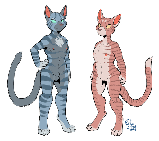 2018 4_toes animal_genitalia annoyed anthro balls biped blue_eyes breasts claws cleft_of_venus countershading digital_media_(artwork) digitigrade dipstick_tail domestic_cat duo feet felid feline felis female fingers flat_chested fully_sheathed fur genitals geordian grey_body grey_fur hand_on_hip long_tail male mammal multicolored_tail nipples nude pose pussy rick_griffin sheath signature simple_background standing striped_body striped_fur striped_tail stripes toes white_background yellow_eyes // 996x882 // 355.3KB