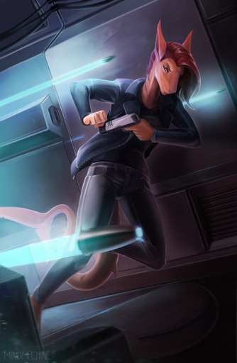 2018 5_fingers anthro brown_hair clothed clothing detailed_background digital_media_(artwork) female fin fingers fish gun hair hi_res holding_gun holding_object holding_weapon kenzie_wong marine mindmachine ranged_weapon requiem_shark scalie shark tiger_shark weapon // 900x1378 // 2.3MB
