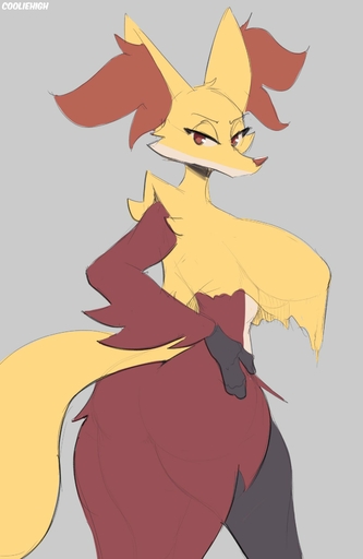 anthro big_breasts breasts cooliehigh delphox female fur generation_6_pokemon hi_res huge_breasts looking_back pokemon_(species) red_body red_eyes red_fur simple_background solo translucent translucent_body video_games yellow_body yellow_fur // 1113x1710 // 93.9KB