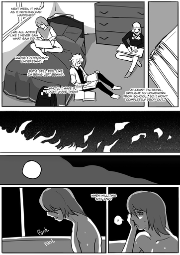 bed bedroom black_and_white bodily_fluids book bottomwear clothing comic english_text female fire footwear furniture grimart hair howl_(grimart) humanoid jacket leto_(grimart) long_hair male monochrome moon not_furry pants pillow sam_(grimart) shirt sitting socks sweat text topwear window // 620x877 // 284.8KB