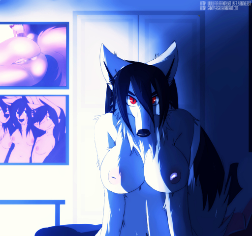 absurd_res anthro big_breasts black_hair breasts canid canine female fur genitals hair hi_res inside inverted_nipples mammal nipples pussy red_eyes saintversa solo white_body white_fur // 2846x2675 // 2.6MB