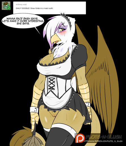 2015 anthro anthrofied avante92 avian beak big_breasts blush bodily_fluids breasts brown_body brown_feathers cleaning_tool cleavage clothed clothing colored dialogue english_text feather_duster feathered_wings feathers female genitals gilda_(mlp) gryphon hi_res holding_object legwear maid_uniform mythological_avian non-mammal_breasts purple_body purple_feathers pussy rinku simple_background skimpy solo stockings sweat text uniform url white_body white_feathers wings // 1280x1475 // 475.2KB