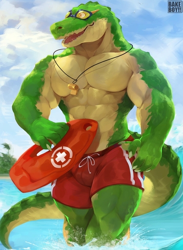 2021 abs anthro bakemonoy biceps bottomwear claws clothed clothing countershading crocodile crocodilian crocodylid detailed_background eyewear goggles green_body hi_res lifeguard male muscular muscular_male pecs renekton reptile scalie shorts solo standing topless triceps video_games water whistle // 1000x1366 // 180.8KB