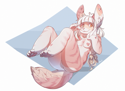 5_toes <3 anthro breasts digitigrade feet female fur genitals hair inner_ear_fluff lagomorph leporid mammal nude patto pink_nose pink_stripes pussy rabbit simple_background smile solo striped_body striped_fur stripes toes tuft white_hair // 1280x938 // 1.4MB