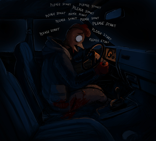 anthro avian beak bird blood bodily_fluids car chicken clothing dialogue diane_henderson english_text female galliform gallus_(genus) hladilnik jacket open_mouth phasianid scared solo text topwear vehicle wet wounded // 1280x1152 // 934.7KB