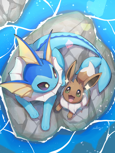 absurd_res ambiguous_gender bird's-eye_view blue_body blue_skin brown_body brown_fur brown_inner_ear canid canine day detailed_background digital_media_(artwork) dipstick_tail duo ear_fins eevee eeveelution feral fin frill_(anatomy) fur green_eyes head_fin hi_res high-angle_view long_ears looking_at_another mammal multicolored_body multicolored_fur multicolored_skin multicolored_tail neck_frill neck_tuft nintendo nude nullma open_mouth open_smile outside paws pokemon pokemon_(species) purple_eyes quadruped river rock sitting smile sparkles tail_fin tuft two_tone_body two_tone_fur two_tone_skin two_tone_tail vaporeon video_games water white_body white_fur // 2218x2949 // 4.6MB