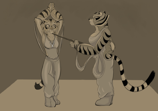 2017 absurd_res anthro arms_above_head breasts butt daughter dreamworks felid feline female fur hi_res hybrid instruction jewelry kung_fu_panda lynx mammal master_tigress monochrome mother necklace pantherine parent sabrotiger simple_background striped_body striped_fur stripes tiger // 4299x3035 // 3.4MB