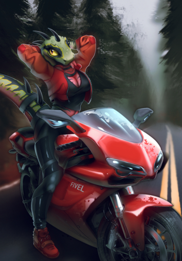 2019 anthro breasts clothed clothing day detailed_background digital_media_(artwork) female fivel forest hi_res lizard looking_at_viewer motorcycle non-mammal_breasts outside plant red_eyes reptile scalie solo spines tree vehicle yellow_eyes // 1118x1600 // 3.3MB