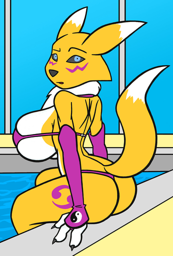 anthro bikini blue_eyes breasts butt canid canine chest_fur chest_tuft clothing creatiffy digimon_(species) facial_markings female fur head_markings hi_res looking_at_viewer mammal markings renamon side_boob solo swimming_pool swimwear tuft unsure yellow_body yellow_fur // 811x1200 // 491.8KB
