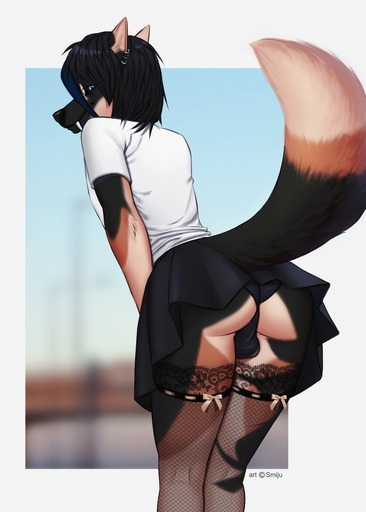 anthro balls_outline bottomwear bulge butt canid canine clothed clothing crossdressing detailed_bulge digital_media_(artwork) extended_arm fur genital_outline girly hair hi_res leaning_on_self legs_together legwear looking_at_viewer looking_back looking_back_at_viewer male mammal outside panties school_uniform skirt smiju solo standing stockings underwear uniform upskirt // 916x1280 // 161.1KB