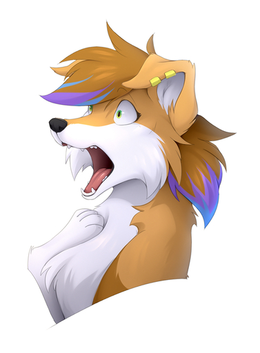 black_nose brown_hair bust_portrait canid canine canis domestic_dog ear_piercing female feral green_eyes hair hioshiru mammal open_mouth piercing portrait reaction_image simple_background solo teeth tongue white_background // 736x1000 // 421.0KB