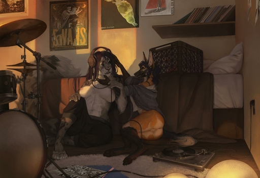 2019 4_toes anthro areola black_hair black_lips blue_eyes bottomless breasts brown_hair canid canine clothed clothing day detailed_background digital_media_(artwork) digitigrade duo feet felid female fox fur genitals hair helena_sif_(elfox) honovy inside leopard lips mammal nipples orange_body orange_fur pantherine pussy sitting smile spots spotted_body spotted_fur toes topless // 1400x960 // 110.5KB