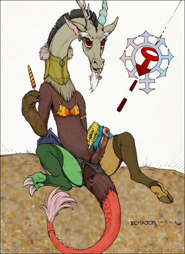 2012 antlers bra chimera clothed clothing collaboration crossdressing discord_(mlp) draconequus ear_piercing ecmajor erection forked_tongue friendship_is_magic genital_piercing genitals hasbro hi_res horn male mrhart my_little_pony penis penis_piercing piercing red_eyes signature sitting solo tongue tongue_out underwear // 1128x1546 // 272.6KB