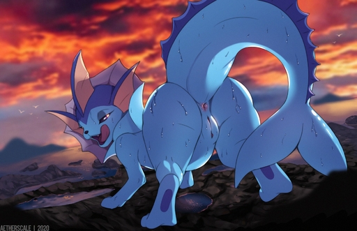 2020 aetherscale_(artist) anus butt canid canine detailed_background eeveelution female feral genitals hi_res looking_at_viewer looking_back mammal nintendo pokemon pokemon_(species) pussy rear_view smile solo tongue tongue_out vaporeon video_games wet // 1980x1280 // 299.7KB