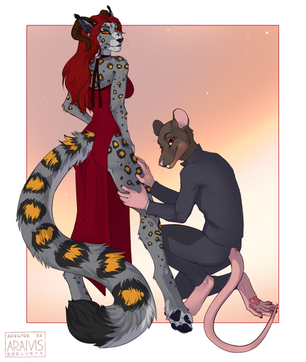 2018 anthro araivis-edelveys barefoot bovid caprine clothed clothing curved_horn digital_media_(artwork) digitigrade duo feet felid female fur grey_body grey_fur hair hi_res horn hybrid leopard male mammal murid murine orange_eyes pantherine rat red_eyes red_hair rodent simple_background smile spots spotted_body spotted_fur // 1100x1300 // 483KB