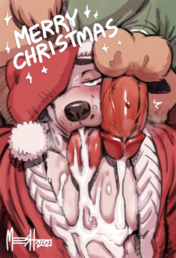 anthro balls blush bodily_fluids canid canine canis cum cum_in_mouth cum_inside cum_on_penis cumshot domestic_dog ejaculation english_text genital_fluids genitals group hi_res holidays male malemale mammal meesh musk penis penis_on_face steam sweat text tongue // 936x1368 // 2.1MB