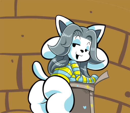 anthro big_butt bottomless butt canid canine canis clothed clothing domestic_cat domestic_dog felid feline felis female fur hair looking_back mammal open_mouth smile solo tem temmie_(undertale) twindrills undertale video_games white_body white_fur // 1275x1113 // 376.9KB
