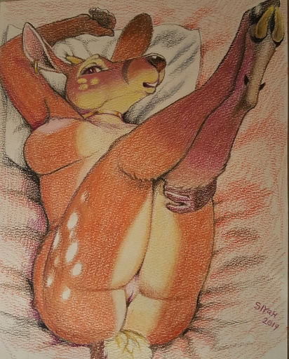 2019 absurd_res anthro antlers bed breasts butt cervid cervine ear_piercing female furniture genitals hi_res hooves horn inside legs_up looking_at_viewer lying mammal on_back piercing pussy siyah smile solo thick_thighs traditional_media_(artwork) // 2550x3167 // 6.0MB