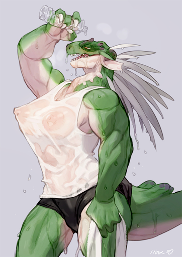 anthro bebebebebe breasts female female_only furry green_scales lizard muscular muscular_female nipples open_mouth see-through solo washlet_mskm wet_shirt yellow_eyes // 633x895 // 526.6KB
