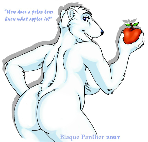 2007 anthro apple biped black_nose blaque_panther blue_eyes breasts butt claws dialogue digital_media_(artwork) edit english_text female food fruit fur grin leaning leaning_forward looking_at_viewer looking_back mammal nude plant polar_bear portrait rear_view seductive shadow side_boob signature simple_background slightly_chubby smile solo standing text three-quarter_portrait ursid ursine white_background white_body white_fur // 858x824 // 219.8KB