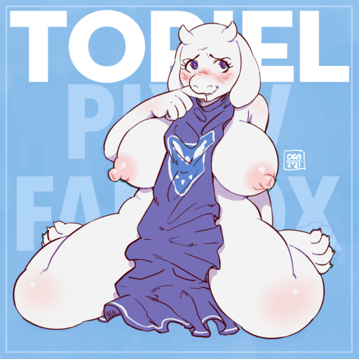 anthro big_breasts big_nipples blush boss_monster bovid breasts caprine clothing english_text erect_nipples female goat hand_to_face horn mammal nipples oca sitting solo tabard tabard_only text thick_thighs toriel undertale video_games // 900x900 // 298.9KB