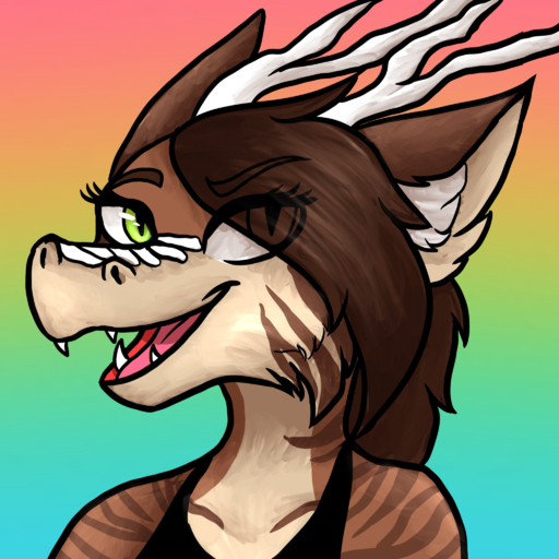 1:1 anthro brown_hair dragon female fur furred_dragon gradient_background green_eyes hair hi_res horn icon inner_ear_fluff kipsy kipsy_(character) open_mouth portrait simple_background smile solo stripes teeth translucent translucent_hair tuft // 2048x2048 // 2.4MB